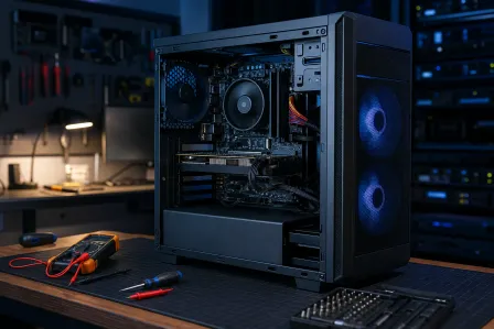Open black PC tower on a workbench showing motherboard, fans, GPU, and cables, with a multimeter and screwdrivers nearby.