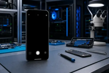 Smartphone with black camera screen on repair workbench, surrounded by screwdrivers, disassembled phone, and microscope.