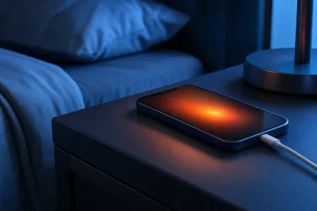 Smartphone charging via cable on a nightstand beside a bed, glowing orange-red with heat emanating from its screen.