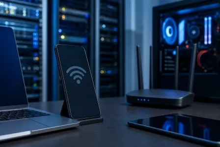 Smartphone displaying Wi-Fi symbol on stand, beside laptop, router with antennas, tablet, and glowing server racks in background.