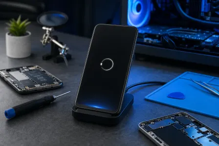 Smartphone on wireless charging stand surrounded by disassembled phones, screwdrivers, tweezers, and repair tools on a dark desk.
