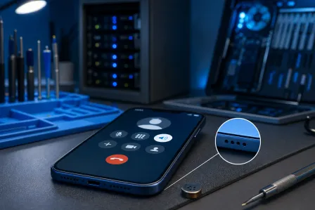 Smartphone on repair bench showing active call screen, with zoomed inset highlighting side microphone holes, repair tools nearby.