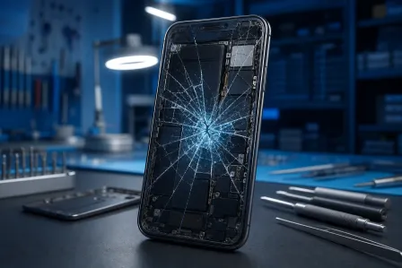 Smartphone with severely cracked screen showing internal components, surrounded by repair screwdrivers on a dark workshop bench.