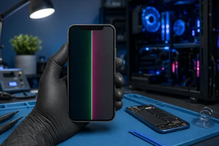 Gloved hand holds iPhone with green and pink vertical lines on screen; disassembled phone and repair tools on blue mat.