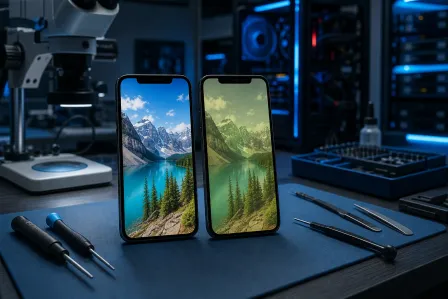 Two smartphones side by side on repair bench; left shows vivid correct colors, right shows greenish tint, with tools nearby.