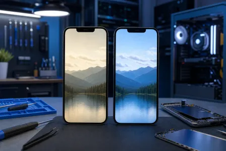 Two iPhones side by side on a repair workbench showing same wallpaper with noticeably different brightness/color tones.