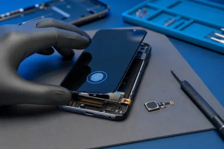Gloved hand holding open smartphone showing fingerprint icon on screen; detached fingerprint sensor and screwdriver beside it.