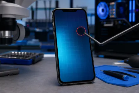 Smartphone with blue grid screen showing a red dashed circle marking a dead spot, surrounded by repair tools and a microscope.