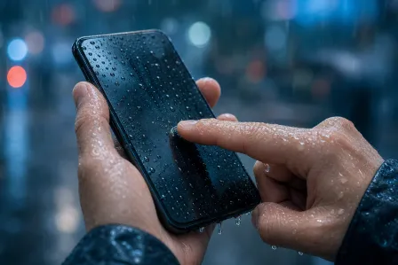 Wet hands using a rain-soaked smartphone outdoors at night, water droplets covering the dark touchscreen.