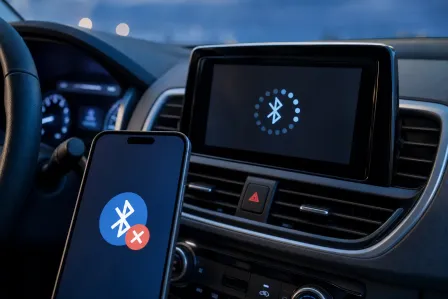 Smartphone showing Bluetooth error icon beside a car infotainment screen displaying Bluetooth searching animation.