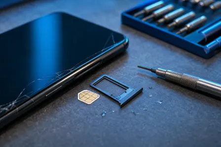 Cracked smartphone with ejected SIM tray, nano SIM card, screwdriver, and precision bit kit on dark surface.