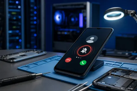 Smartphone displaying incoming call screen with muted bell icon on repair workbench with tools, screwdrivers, and PC in background.