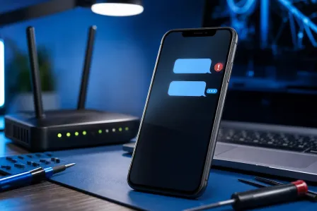 Smartphone displaying chat bubbles with a red error icon, beside a WiFi router, laptop, and tools on a blue-lit desk.