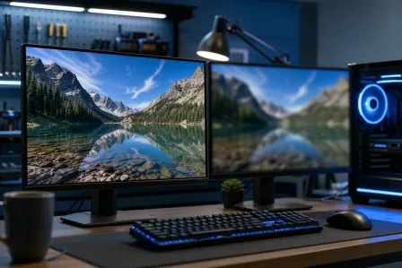Dual-monitor desk setup: left monitor sharp with mountain lake wallpaper, right monitor visibly blurry with same image.