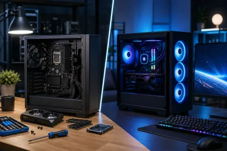Split image: left shows PC under construction with parts on desk; right shows completed RGB gaming PC glowing blue beside a monitor.