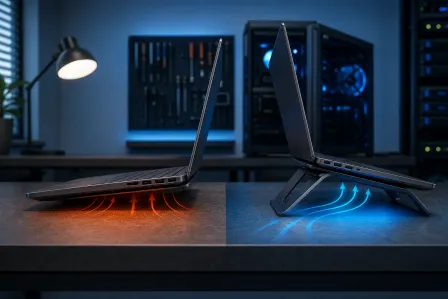 Two laptops side by side: one flat on desk with red heat arrows, one on a stand with blue cool airflow arrows.