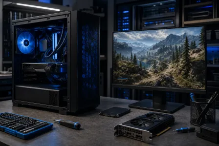 Gaming PC with blue liquid cooling beside a monitor showing open-world game; GPU, screwdriver, and tools on workbench.