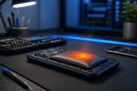 Open smartphone on repair desk showing swollen, glowing battery with smoke rising, surrounded by tools under blue lighting.