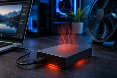 External hard drive glowing red-orange with heat waves rising, connected via USB to a laptop on a dark desk.