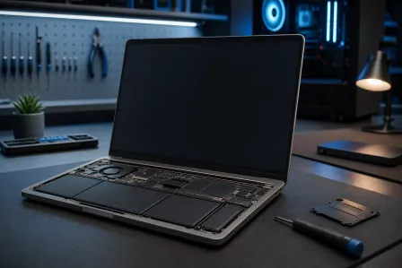 Disassembled laptop with exposed internals on a dark workbench, screwdriver nearby, tools on pegboard in background.