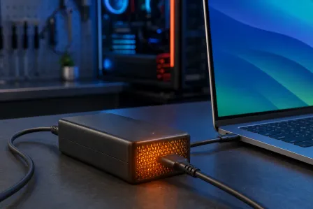 A black laptop charger with glowing orange ventilation grill connected to a MacBook on a dark desk near a gaming PC.
