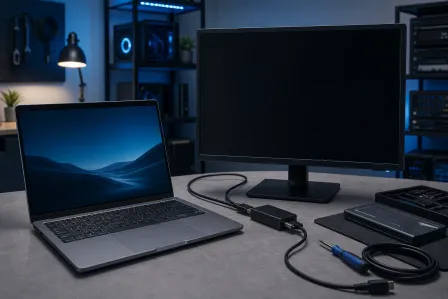 Laptop connected via cable to a dark external monitor on a desk, with USB hub and cables nearby in a dim blue-lit workspace.