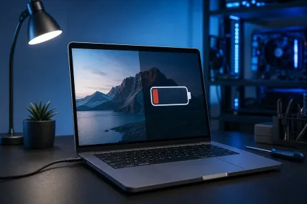 MacBook on dark desk showing low battery icon overlay on mountain wallpaper, with desk lamp, plant, and RGB PC in background.