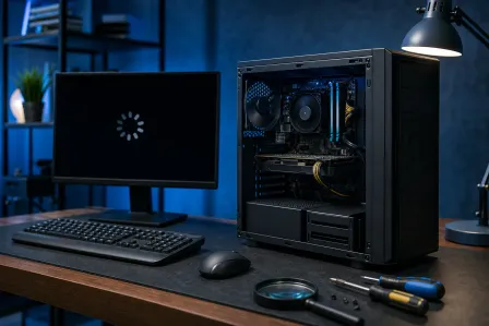 Open PC tower with visible components and RGB RAM on a desk beside a monitor showing a loading spinner, with repair tools nearby.