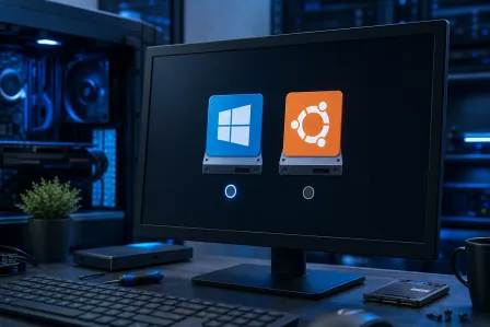 Monitor displaying Windows and Ubuntu OS icons on drive graphics, suggesting dual-boot setup, on a dark tech desk