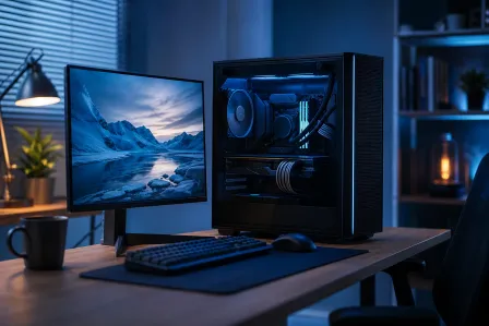 A gaming PC with tempered glass side panel glowing blue, beside a monitor showing a mountain wallpaper, on a dark desk.