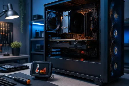 Open PC tower with CPU cooler and GPU on a workbench beside a small temperature/performance monitor display and screwdriver.