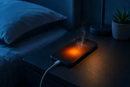 Smartphone charging on a nightstand, glowing orange with heat and smoke rising, beside a bed in a dark room.