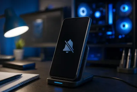 Smartphone on wireless charger displaying a muted/silenced bell icon, on a desk with a glowing gaming PC in background.