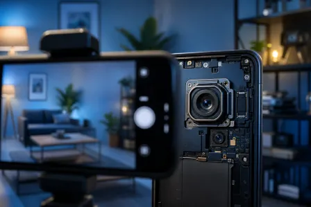Smartphone with exposed internal camera module next to a phone on tripod capturing a living room scene in blue-toned lighting.