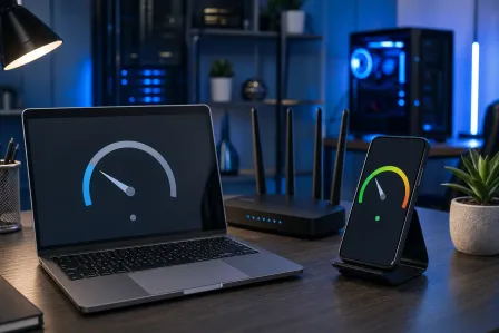 Laptop and phone both showing speedometer gauges on a desk beside a Wi-Fi router, in a blue-lit tech setup.